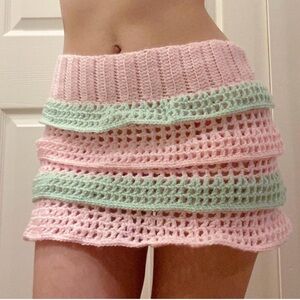Handmade Pink and Green Crochet Mini Skirt